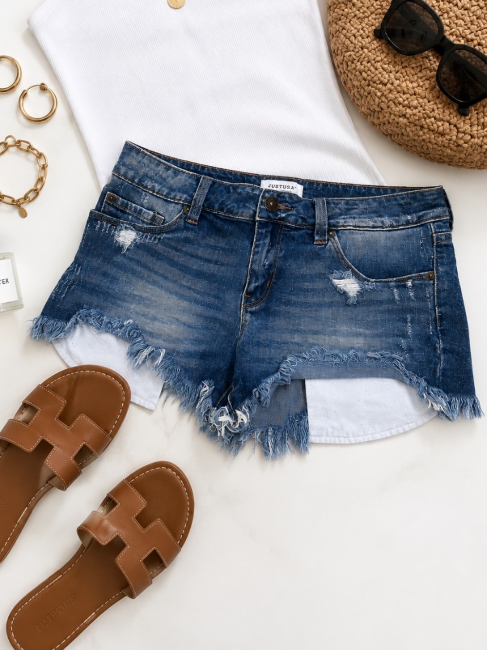 JUST USA Distressed Denim Cutoff Shorts Frayed Hem Medium Wash